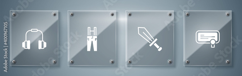 Set Certificate template, Sword for game, Pants with suspenders and Headphones. Square glass panels. Vector.