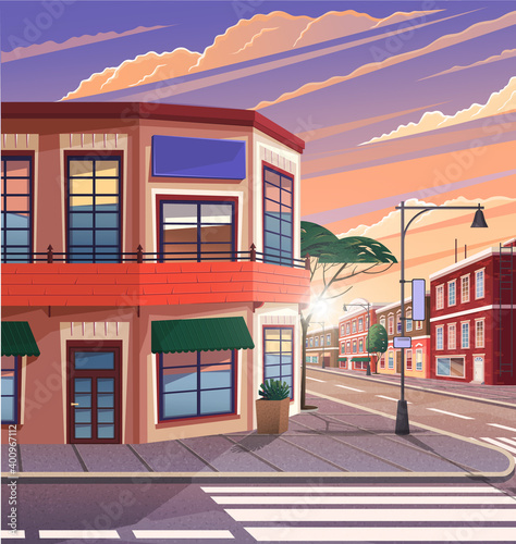 Street of town illustration of the historic urban area with trees and streetlight in evening time. Cityscape with vintage brick building, narrow road and pedestrian walkway view from the corner