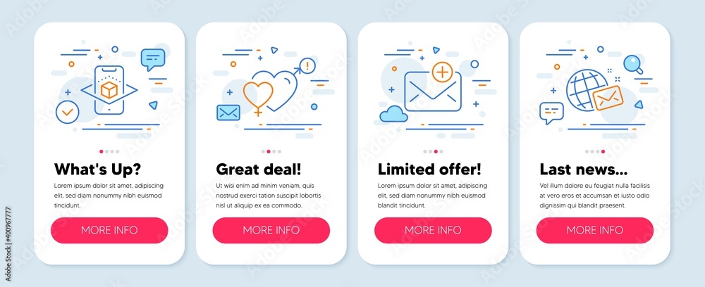 Set of line icons, such as Augmented reality, New mail, Male female symbols. Mobile screen mockup banners. World mail line icons. Phone simulation, Add e-mail, Love heart. Chat. Vector