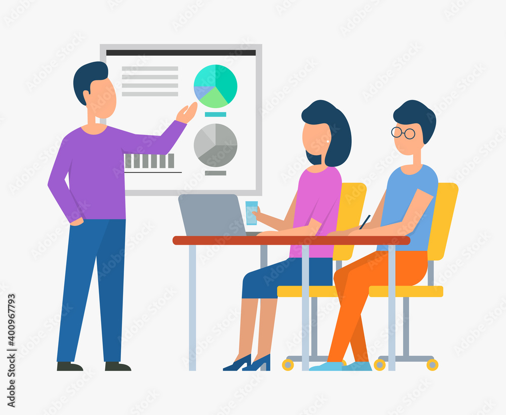 Person teaching people vector, boss on meeting with employees listening to leader isolated flat style. Corporate conference with male, board with info Person teaching people vector, boss on meeting with employees listening to leader isolated flat style. Corporate conference with male, board with info