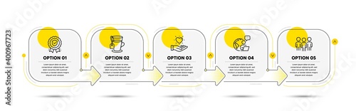 Group, Tea and Insurance medal line icons set. Timeline process flowchart. Hold heart sign. Business meeting, Glass mug, Certified protection. Love brand. Business set. Vector