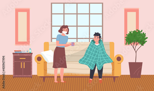 Woman treats a young man. Guy drinks hot tea in apartment. Sick people spend time at home. Male character having a cold and sitting on the sofa. Patient being treated for flu with special medicines