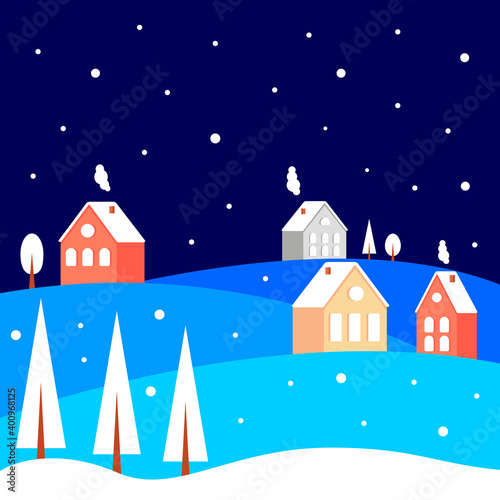 Christmas night landscape with cute houses, snowdrifts and snowfall. Christmas background illustration. Vector illustration in flat style.