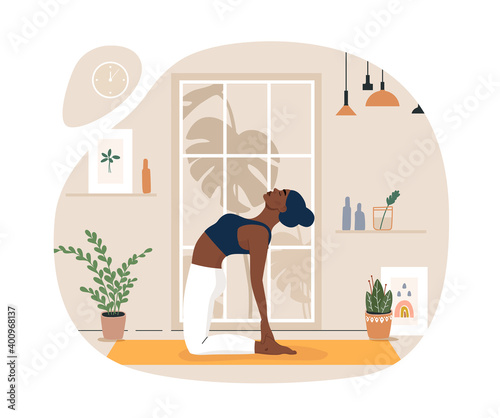 Young woman doing yoga exercises, practicing meditation on lotus pose on the mat. Black female character practicing in yoga studio or home. Trendy flat vector illustration.
