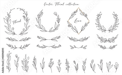 Set of cute Hand drawn floral decorative design elements. frames wreath dividers flowers, branches. vector illustration