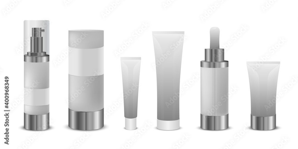 3d illustration of various blank cosmetic container mock-ups. Set of realistic cosmetic white clean bottles 3d illustration of various blank cosmetic container mock-ups. Set of realistic cosmetic white clean bottles