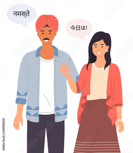 Young people in casual clothes talking Hello in different languages in chat bubble. Friends guy and girl portrait. Smiling man and woman waving hand. Muslim and chinese student greet at meeting