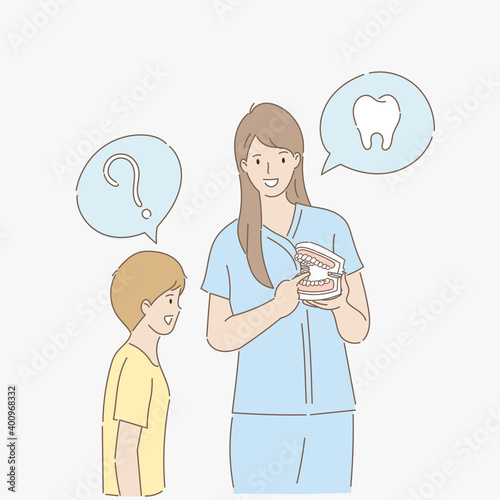 Female dentist holds denture model and teaching boys teeth. Dental concept. Hand draw style. Vector illustration.