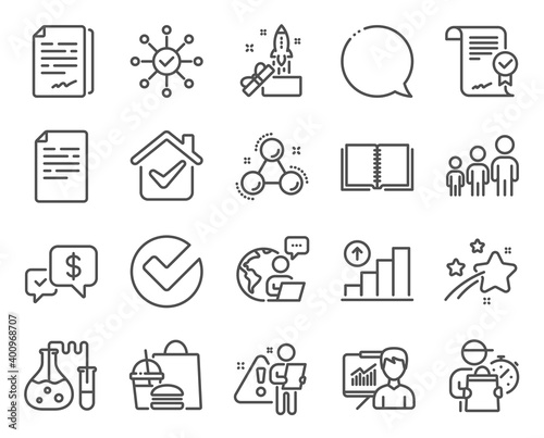 Education icons set. Included icon as Verify, Graph chart, Document signature signs. Business hierarchy, Approved agreement, Document symbols. Payment received, Chemistry molecule, Book. Vector