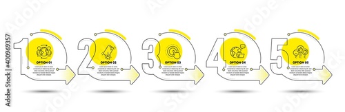 Global business, Like and Smartphone broken line icons set. Timeline process infograph. Click hand sign. Outsourcing, Social media likes, Phone crack. Touch gesture. Technology set. Vector