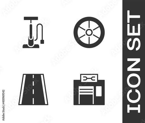 Set Bicycle repair service, pump, lane and wheel icon. Vector.