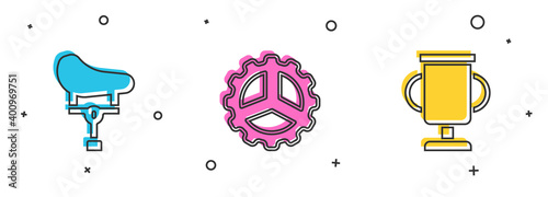 Set Bicycle seat, sprocket crank and Award cup with bicycle icon. Vector.