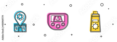 Set Bicycle repair service, Gps device with map and Sunscreen cream in tube icon. Vector.