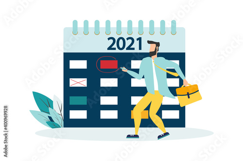 vector illustration. human characters make up an online timetable on a tablet. Planning for 2021. designing business graphics, planning tasks for the week - Vector.