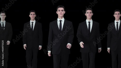 Cloned Businessman walking against black background