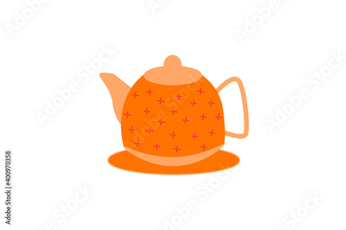 vintage small tea pot with lid and handle designed with flower pattern isolated on white background vector illustration. 
