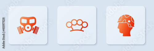 Set Brass knuckles, Gas mask and Army soldier. White square button. Vector.