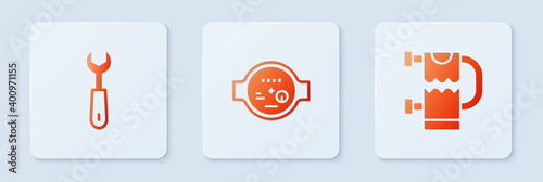 Set Water meter, Wrench spanner and Heated towel rail. White square button. Vector.