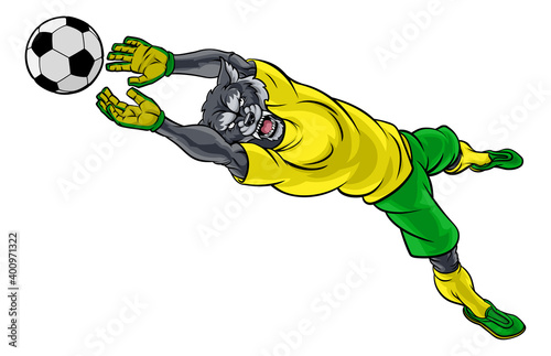 A wolf soccer football player goal keeper cartoon animal sports mascot diving to catch the ball