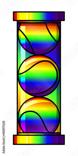Pack of 3 tennis balls in a rainbow colored can package. Award for tournament or championship. Unusual icon of sport objects. Colored fancy illustration. 