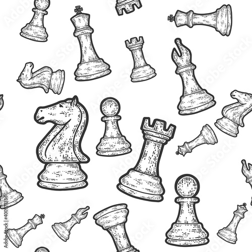 Seamless set of chess pieces. Engraving vector illustration. Sketch scratch