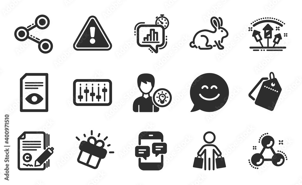 Gift, Copywriting and Dj controller icons simple set. Statistics timer, Buyer and View document signs. Share, Person idea and Sale tags symbols. Flat icons set. Vector