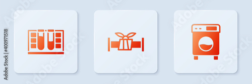 Set Industry metallic pipe, Test tube with water drop and Washer. White square button. Vector.