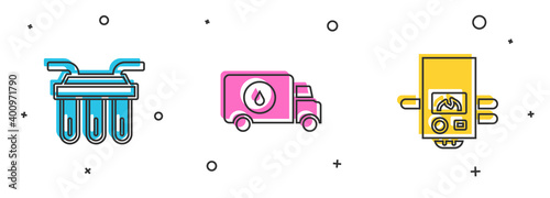 Set Water filter, Plumber service car and Gas boiler icon. Vector.