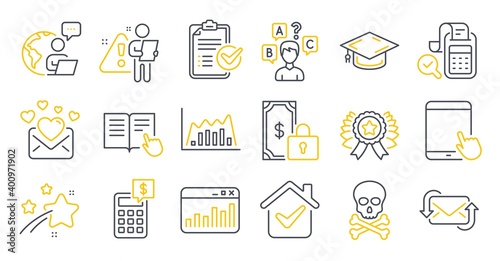Set of Education icons, such as Marketing statistics, Tablet pc, Winner ribbon symbols. Infographic graph, Calculator, Graduation cap signs. Survey checklist, Private payment, Quiz test. Vector