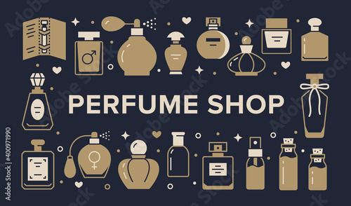 Perfume bottles poster with thin line icons. Vector horizontal illustration included icon glass sprayer, luxury parfum sampler, essential oil outline pictogram for cosmetic store flyer, blue brochure