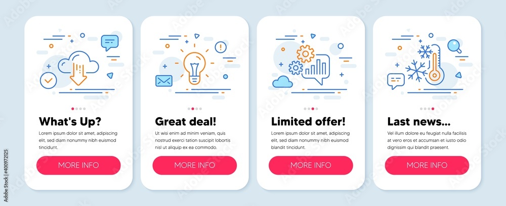Set of Technology icons, such as Cloud download, Cogwheel, Idea symbols. Mobile app mockup banners. Freezing line icons. File storage, Engineering tool, Light bulb. Air conditioning. Vector