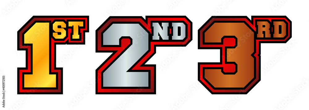 Fototapeta premium 1st, 2nd, 3rd numbers and letters in bronze, silver and golden color with red outline. Badges for awarding winners and participants of sports tournaments. Icons for rating and ranking.