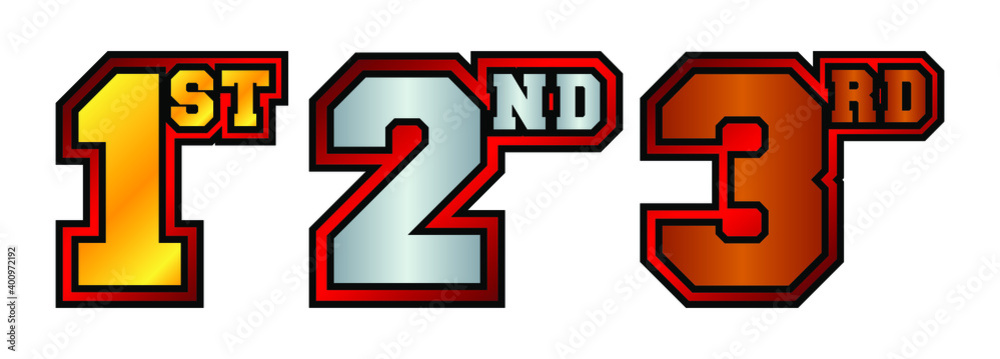 1st, 2nd, 3rd numbers and letters in bronze, silver and golden color with red outline. Badges for awarding winners and participants of sports tournaments. Icons for rating and ranking. 1st, 2nd, 3rd numbers and letters in bronze, silver and golden color with red outline. Badges for awarding winners and participants of sports tournaments. Icons for rating and ranking.