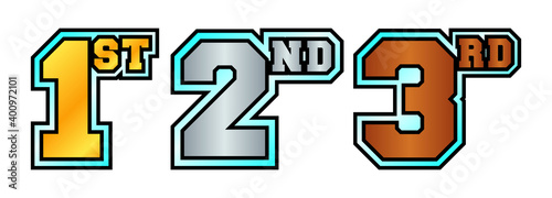 1st, 2nd, 3rd numbers and letters in bronze, silver and golden color with light blue crystal outline. Badges for awarding winners and participants of sports tournaments. Icons for rating and ranking.