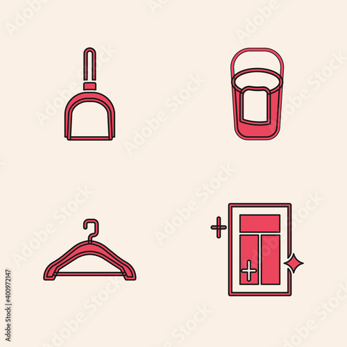 Set Cleaning service for window, Dustpan, Bucket with rag and Hanger wardrobe icon. Vector.