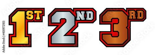 1st, 2nd, 3rd numbers and letters in bronze, silver and golden color with red outline. Badges for awarding winners and participants of sports tournaments. Icons for rating and ranking.