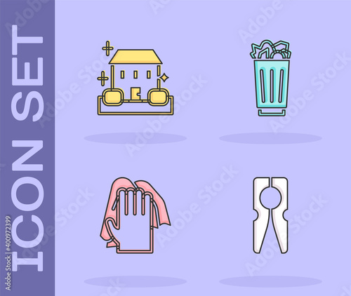Set Clothes pin, Home cleaning service, Cleaning and Full trash can icon. Vector.