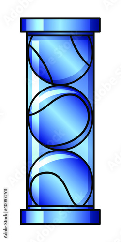 Pack of 3 tennis balls in a can package. Illustration colored in glossy shiny blue color. Platinum sports statue and trophy. Award for tournament or championship. Unusual icon of sport objects.
