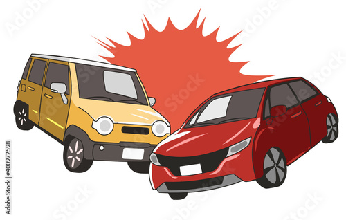 衝突する軽自動車と普通自動車