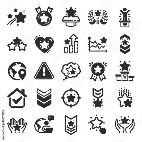 Ranking icons. First place, star rating and winner medal. Shoulder strap, army achievement and victory ribbon icons. Star ranking, champion and winner trophy. Best level. Flat icon set. Vector
