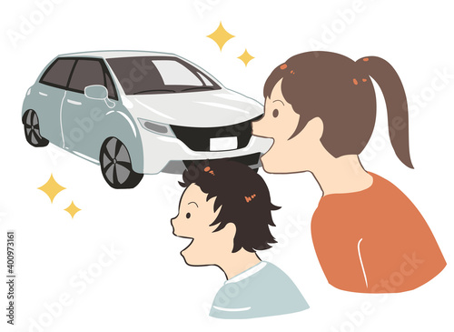 普通自動車を見る　喜ぶ親子(線無し)
