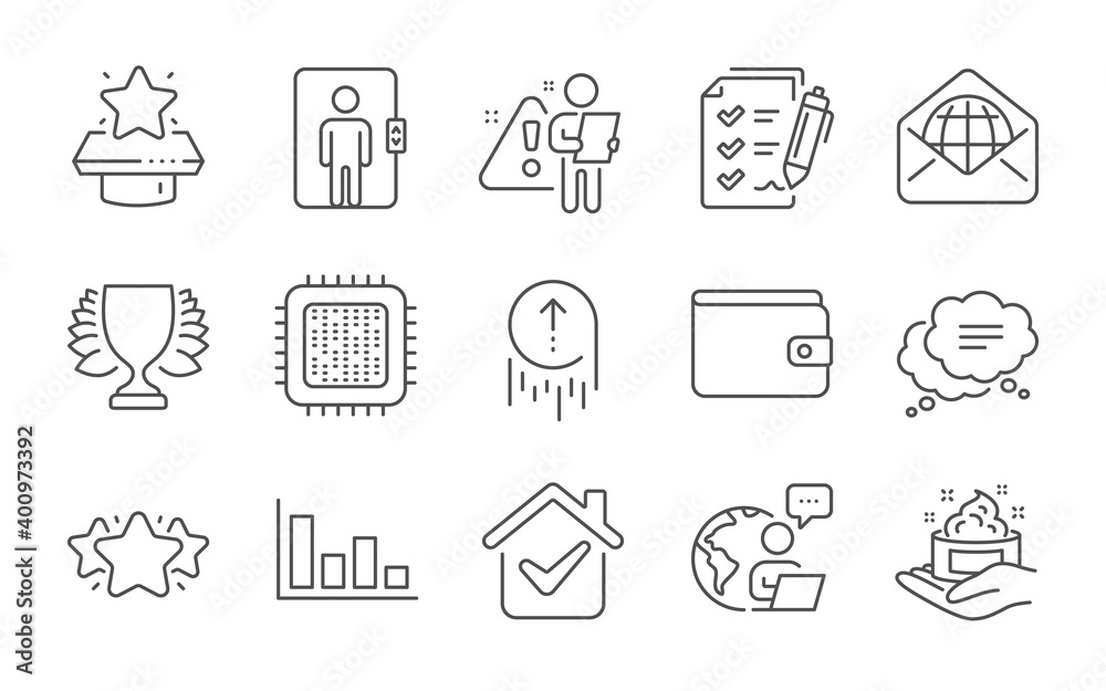 Fototapeta premium Text message, Winner podium and Winner line icons set. Histogram, Web mail and Money wallet signs. Swipe up, Cpu processor and Star symbols. Elevator, Skin care and Survey checklist. Vector