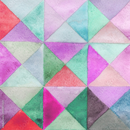 Watercolors triangles and squares, multicolored ornament, seamless pattern purple blue lilac green beige pink red