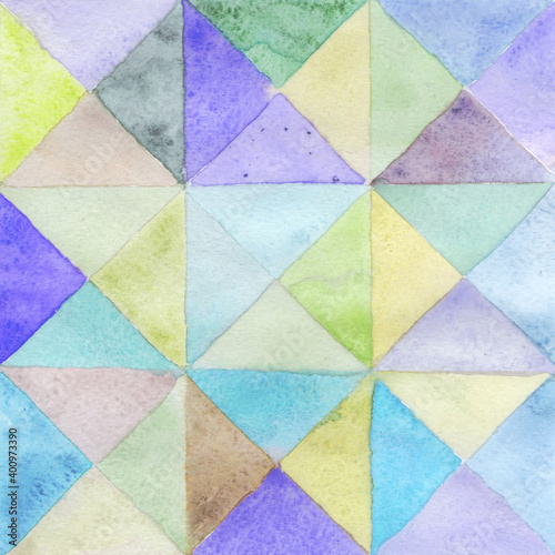 Watercolors triangles and squares, multicolored ornament, seamless pattern purple blue lilac green brown beige