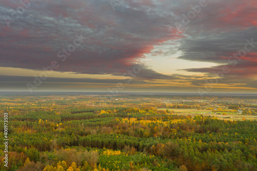 Wieczorne, zachmurzone niebo nad rozległą, leśną równiną.