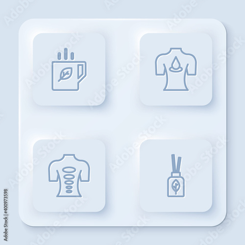 Set line Cup of tea and leaf, Massage with aroma oils, stone therapy and Aroma diffuser. White square button. Vector.