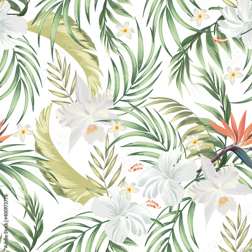 Vector tropical pattern with hibiscus flowers and exotic palm leaves. Trendy summer background. Summer floral illustration.