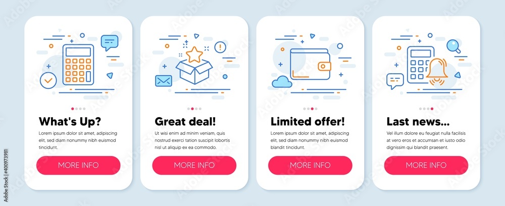 Set of Finance icons, such as Money wallet, Loyalty program, Calculator symbols. Mobile screen app banners. Calculator alarm line icons. Payment method, Bonus star, Accounting device. Vector Set of Finance icons, such as Money wallet, Loyalty program, Calculator symbols. Mobile screen app banners. Calculator alarm line icons. Payment method, Bonus star, Accounting device. Vector