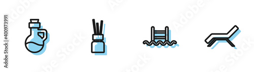 Set line Swimming pool with ladder, Essential oil bottle, Aroma diffuser and Sunbed and umbrella icon. Vector.