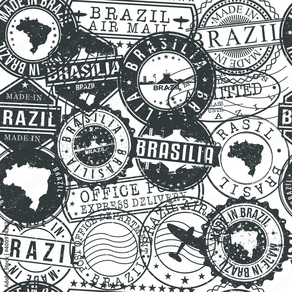 Fototapeta premium Brasilia - Federal District, Brazil Set of Stamps. Travel Passport Stamps Pattern. Made In Product. Design Seals in Old Style Insignia Seamless. Icon Clip Art Vector Collection.